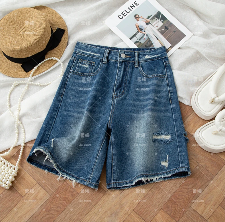 四分裤 · 破洞高腰四分A字版复古蓝牛仔短裤百搭夏季显瘦阔腿0159