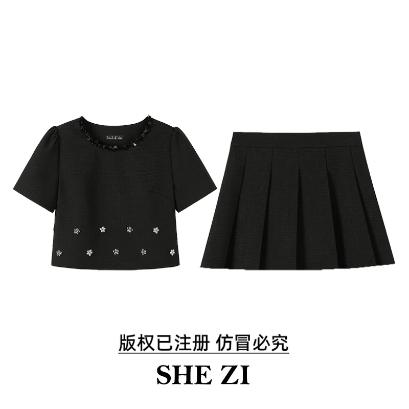 奢姿大码女装2025夏新款显瘦时尚花朵立体装饰上衣半裙小香风套装
