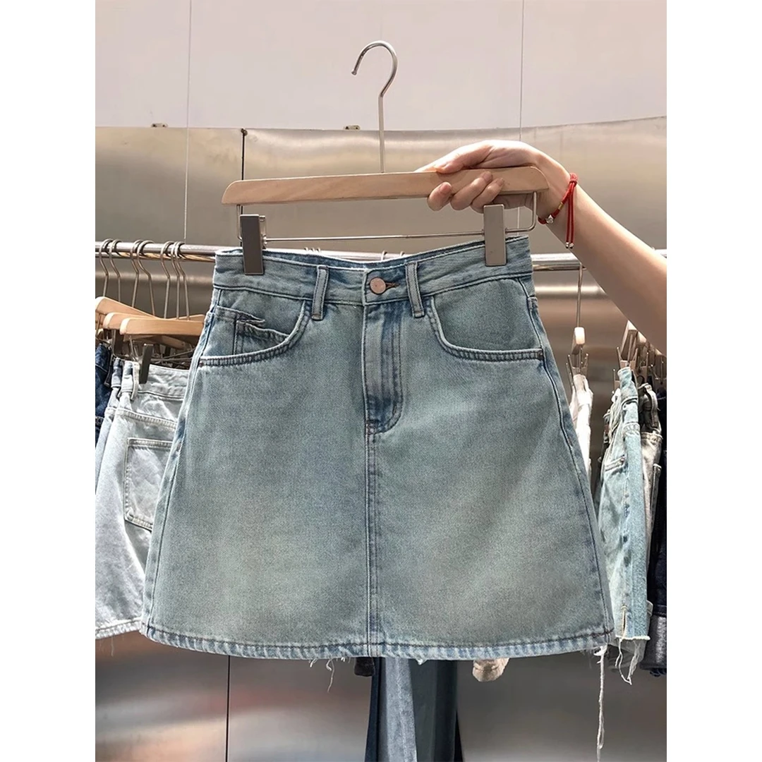 复古做旧牛仔短裙女夏季新款浅色A字半身裙遮跨显瘦辣妹包臀半裙