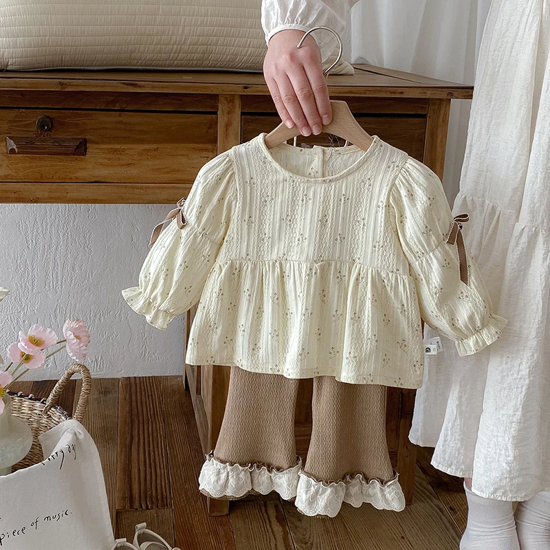 女宝宝套装春季2025新款婴儿韩版洋气碎花娃娃衫阔腿裤子两件套潮