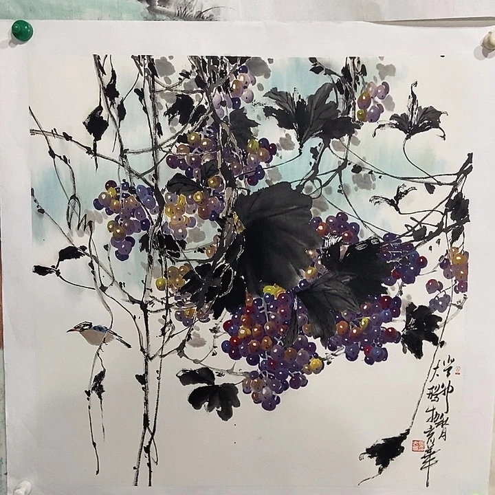 书法张大鹏葡萄花鸟