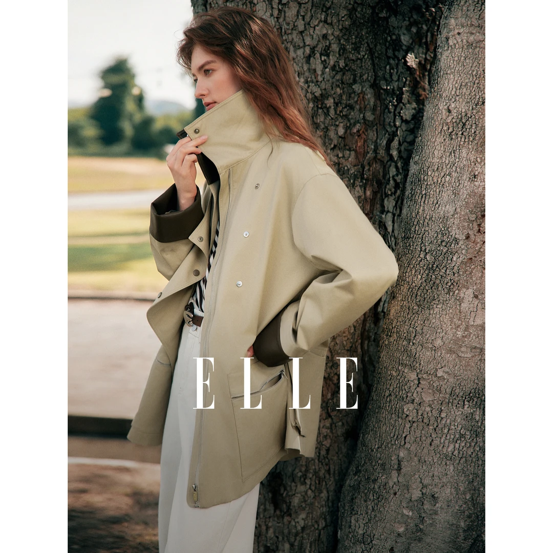 ELLE法式高级感撞色PU皮拼接风衣外套女2025春季新款纯棉EF50369