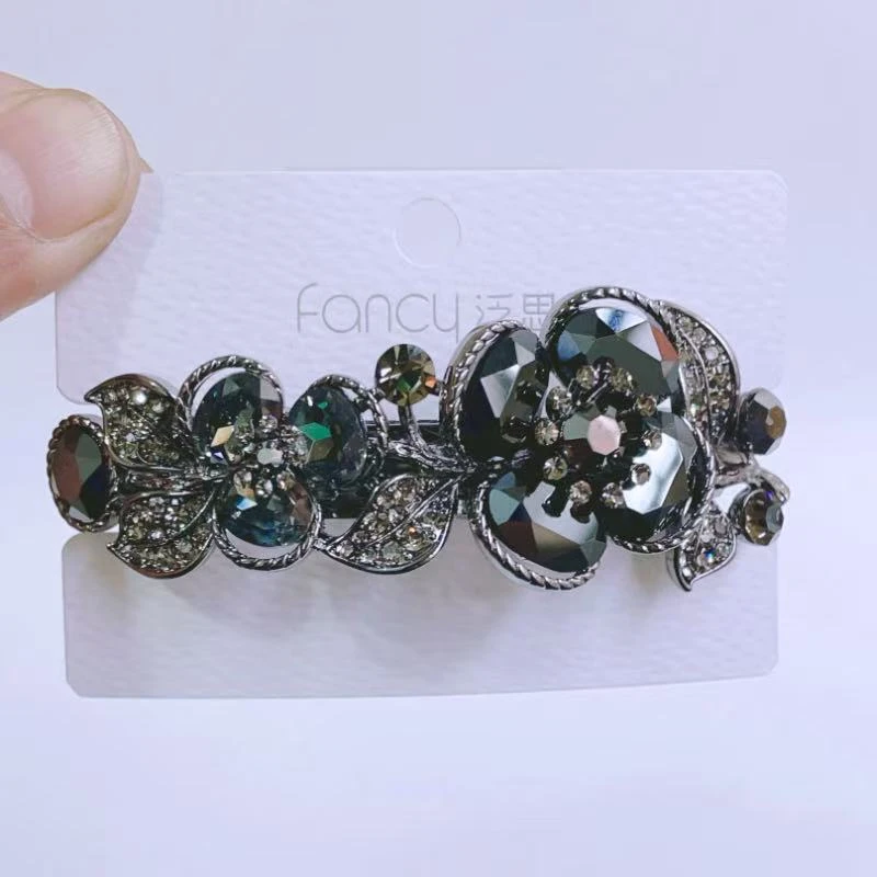 气质枪黑水晶花朵弹簧夹时尚水钻发夹后脑勺半扎发横夹一字夹顶夹