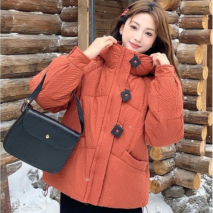 2025新款冬季韩版短款棉服女宽松时尚格子面料加厚连帽棉袄