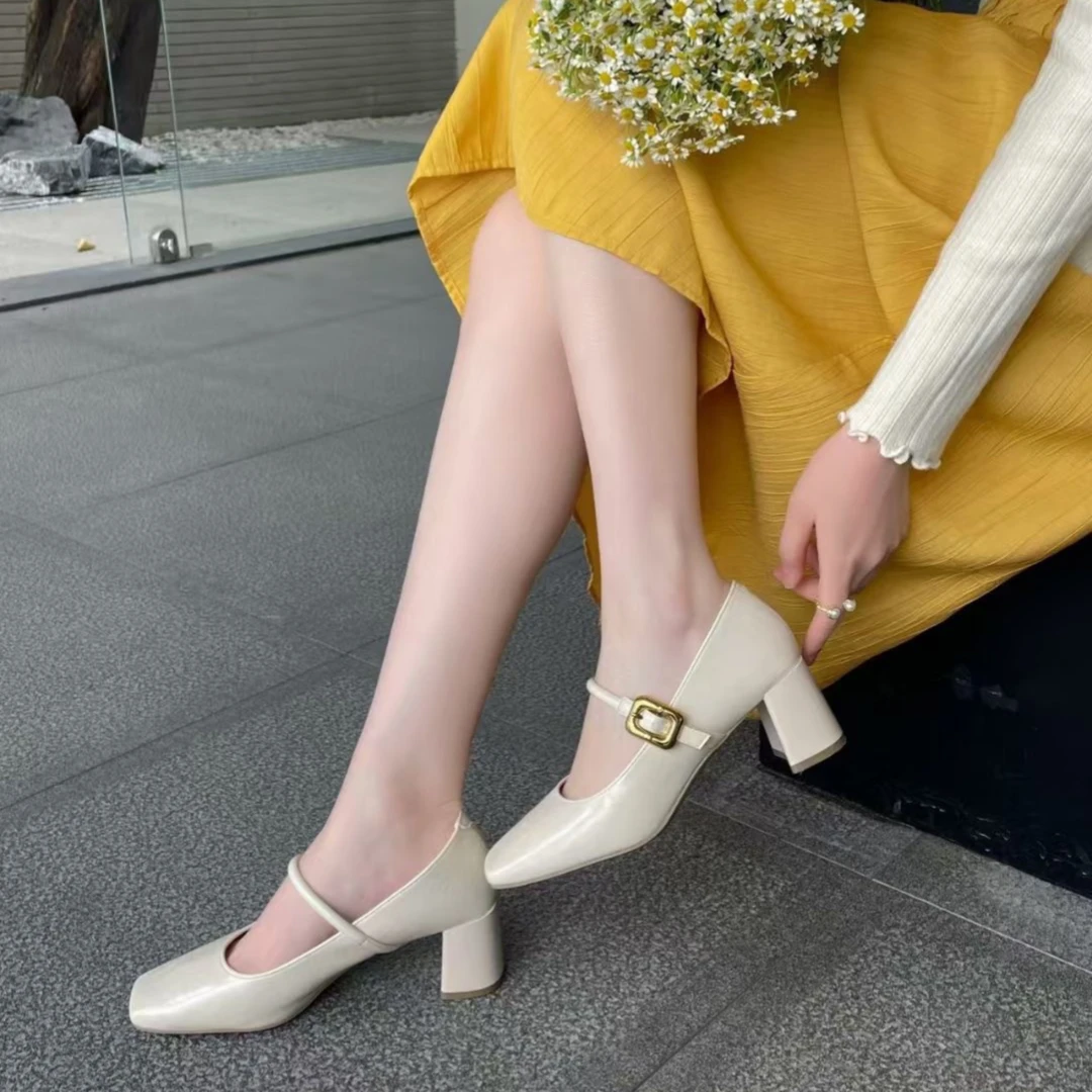 【美罗巴】2025新款方头粗跟简约玛丽珍中跟单鞋