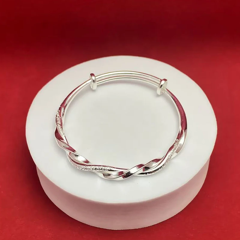 足银手镯 2号 足银999.9 繁花似锦蝴蝶银手镯女款实心足银推拉镯