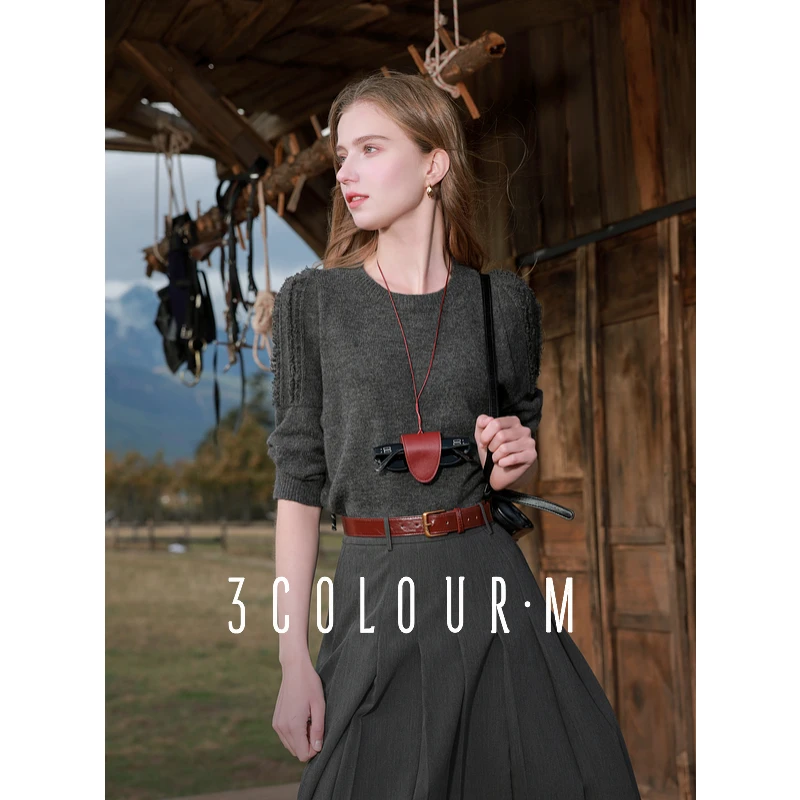 三彩2025春季新款泡泡袖针织衫设计感中袖毛衫圆领羊毛衣短款女M