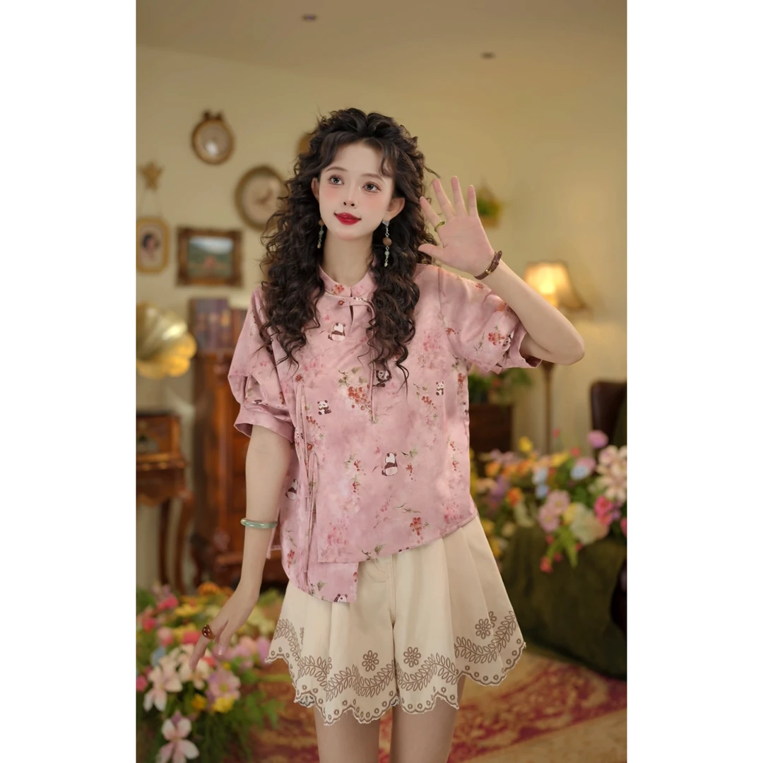 扣子家【梦若芳华】复古国风夏季短袖衬衫新中式立领上衣KS1113417