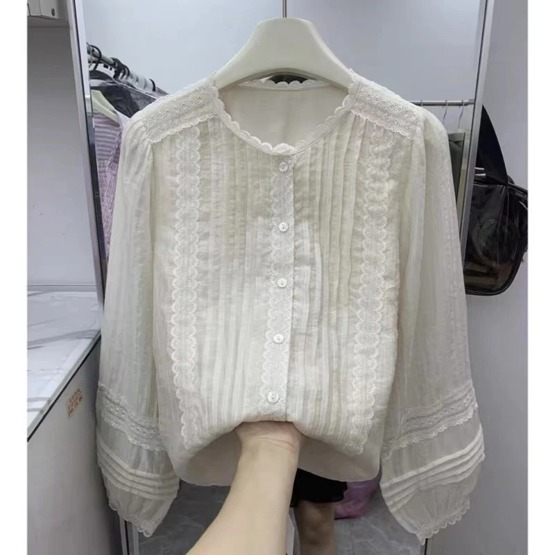 蕾丝拼接衬衫女小衫衬衣女款2025春新款爆款设计感上衣