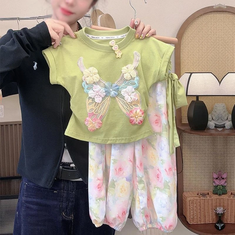 女童春季2025新款亲子装洋气夏季薄款立体蝴蝶短袖休闲俩件套