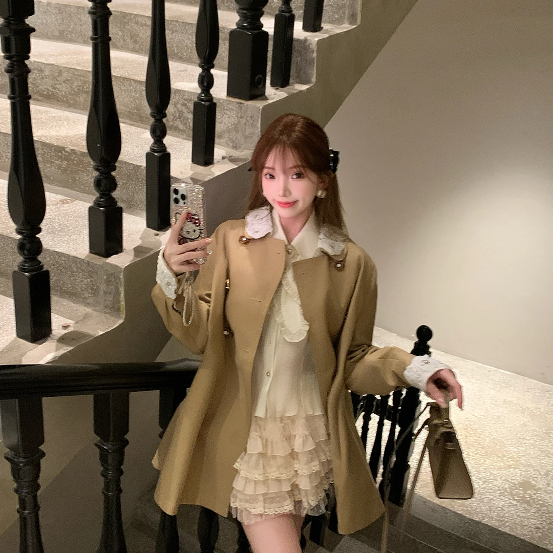 冰冰来了【秋日漫步】双排扣娃娃短风衣外套高腰百褶裙套装27270