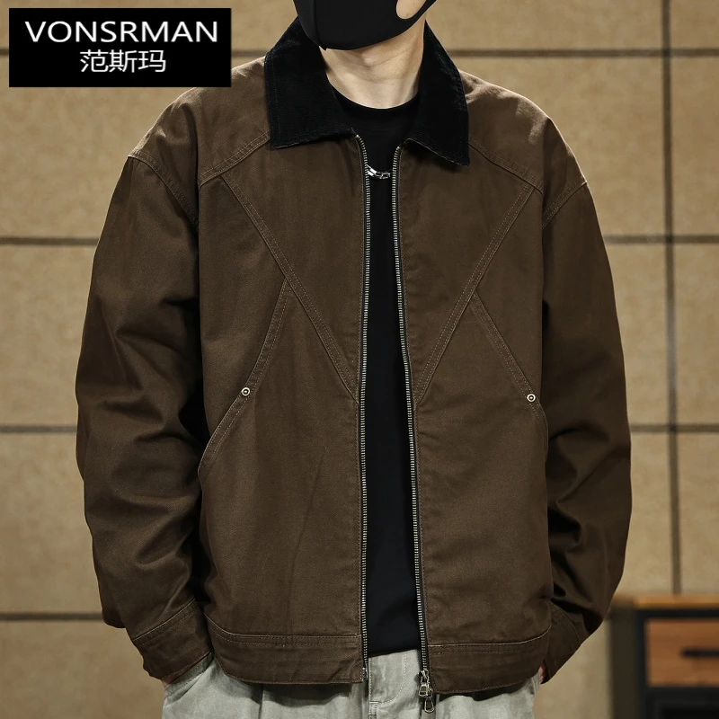 美式高端复古男士撞色夹克外套秋冬季潮牌宽松休闲翻领工装上衣男