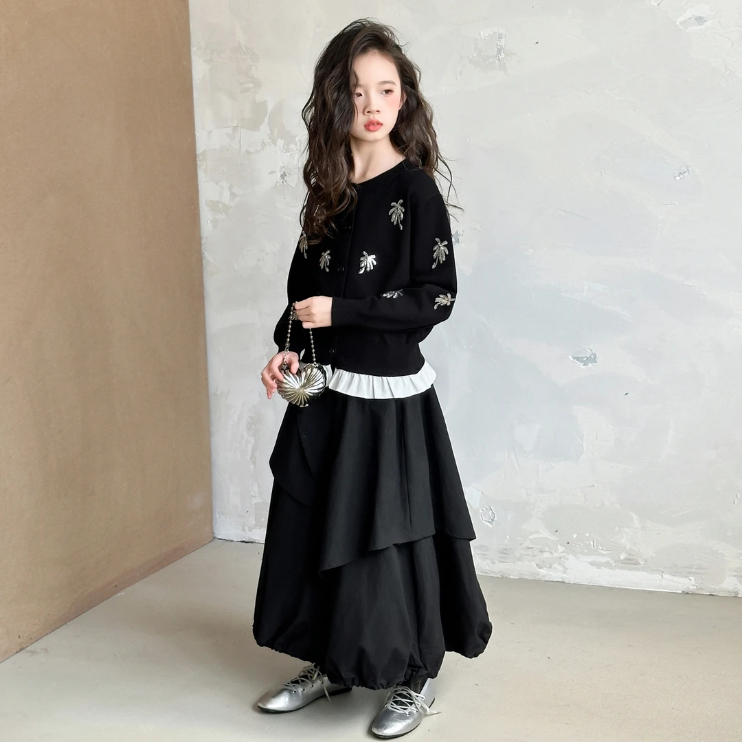 女童早秋套装2025新款儿童针织开衫半裙两件套春秋韩系高级感穿搭