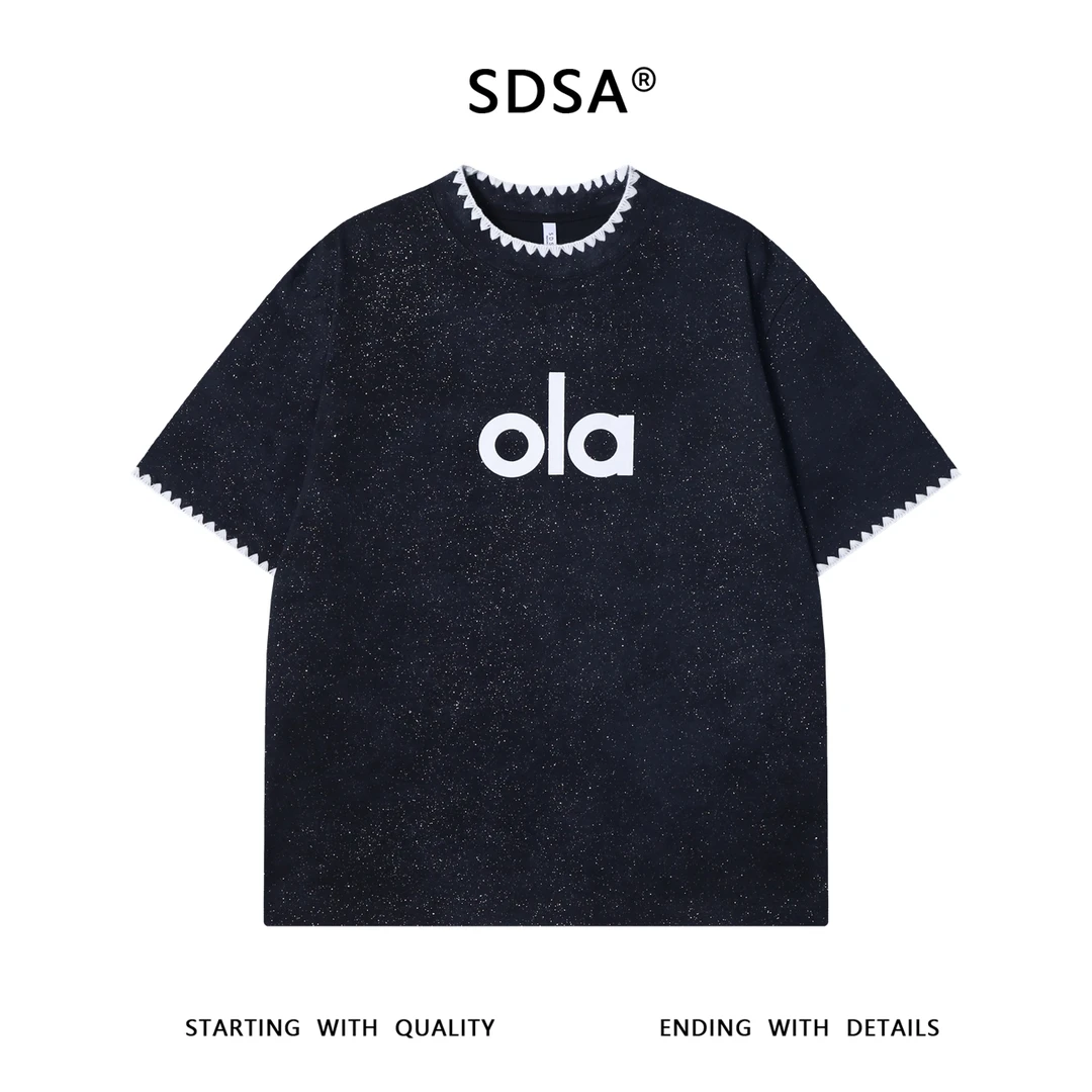 T3245夏季高级感新款韩系满天星印花字母圆领短袖T恤撞色缝线上衣