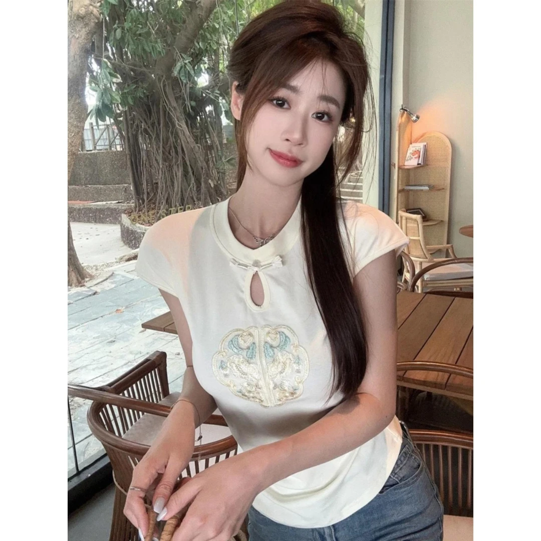 夏季显瘦短款辣妹复古小众纯欲印花设计感国风气质少女恤上衣