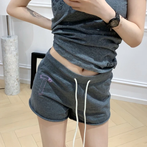 Kuku美式热裤灰色休闲短裤抽绳松紧百搭打底裤潮