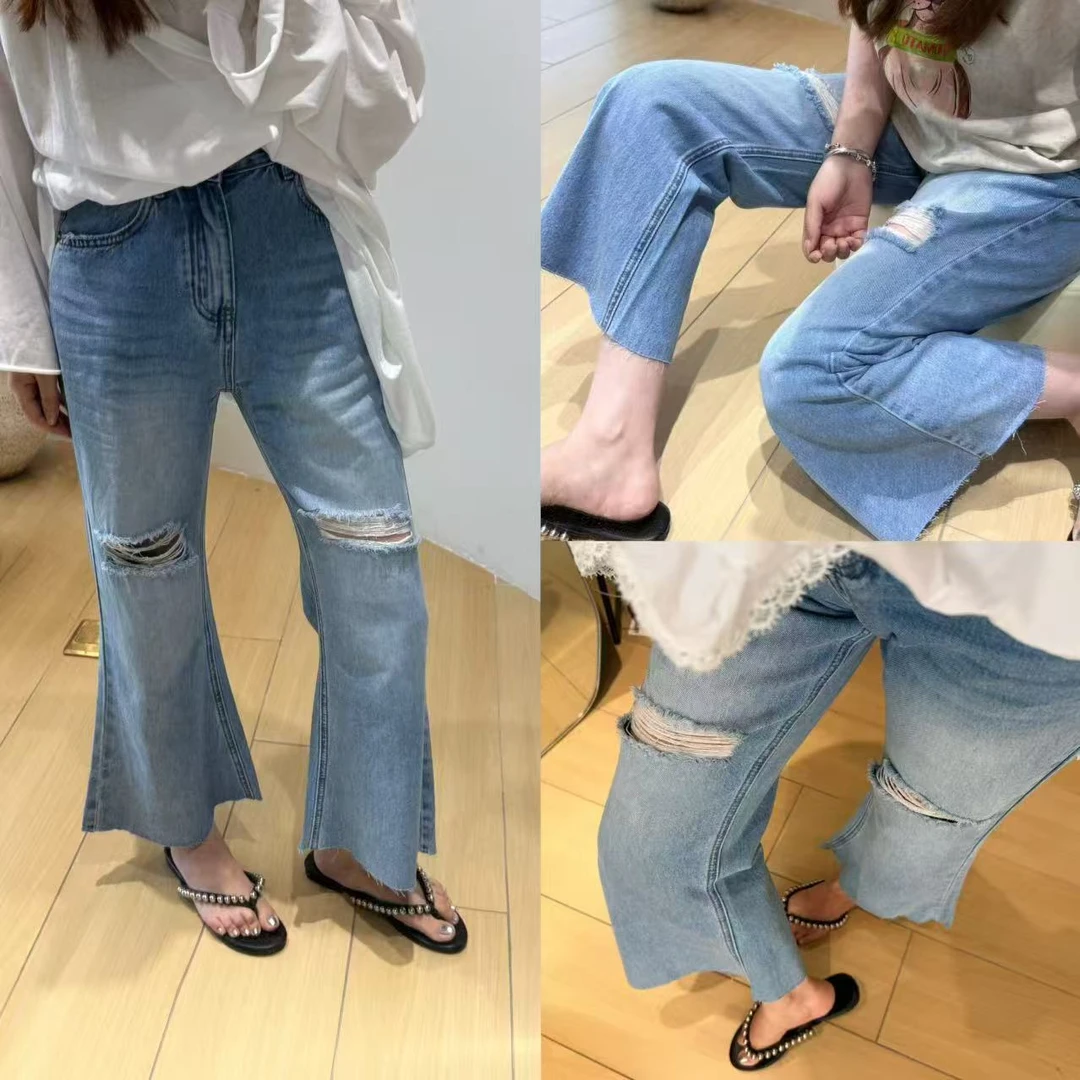 【TOMATO】夏季新款破洞牛仔八九分牛仔裤#9513