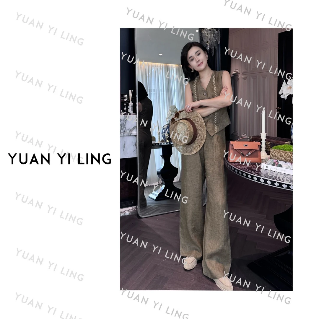 袁艺灵【买手店】25夏季新款小众设计款中共刺绣压褶亚麻无袖女套装