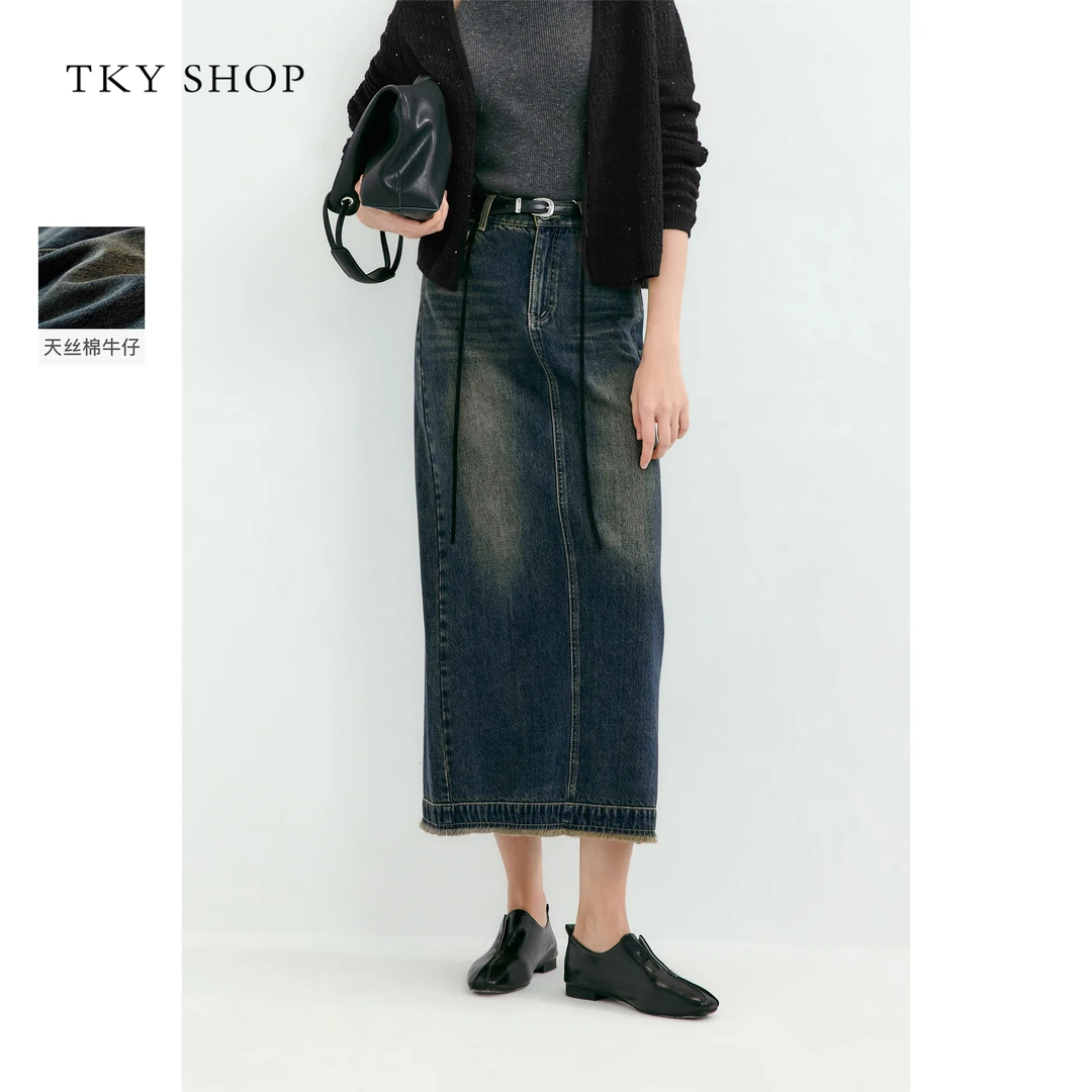 TKYSHOP美式复古做旧色长款牛仔半身裙春秋复古半裙 10I1RA03B065