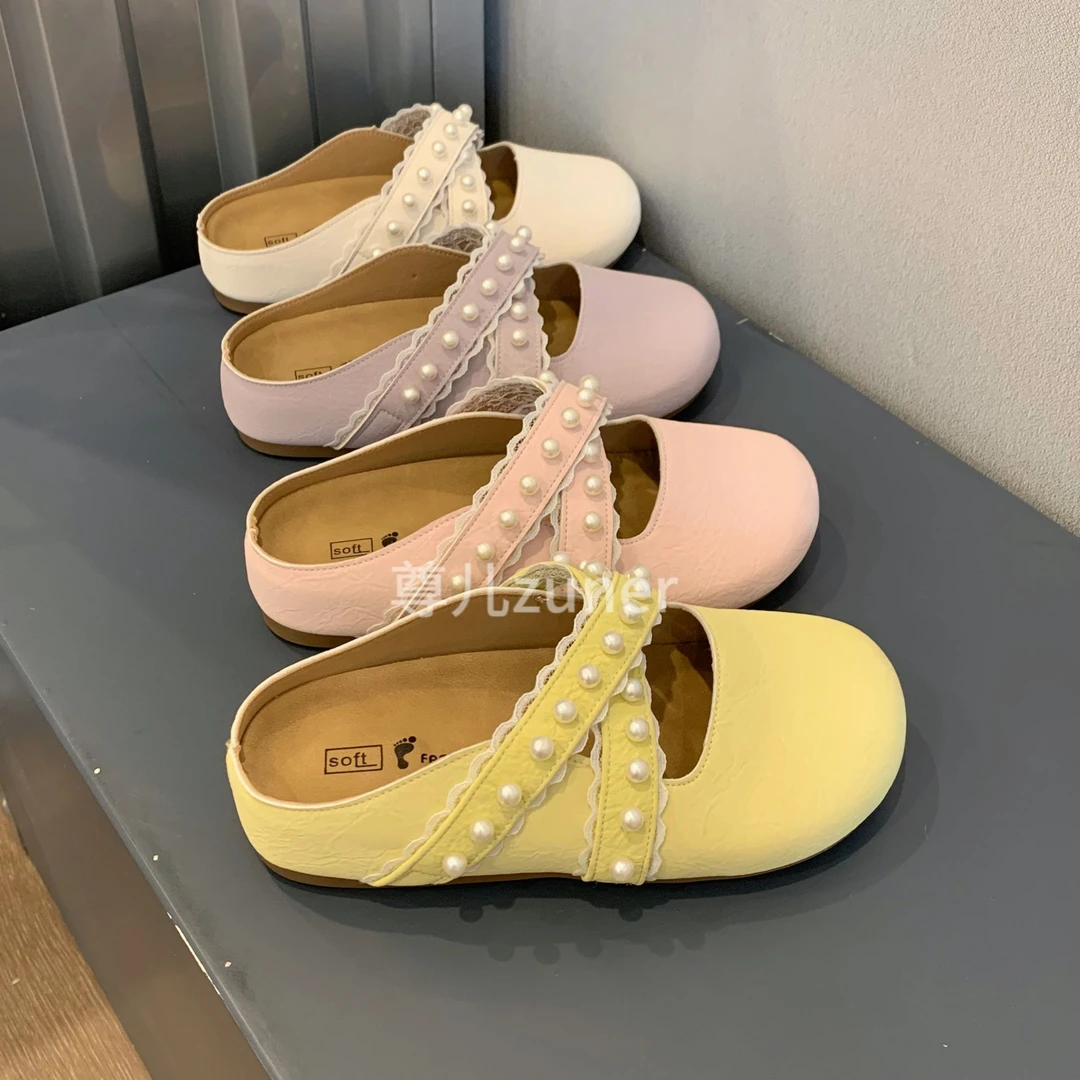 尊儿2025新款日常休闲舒适平底鞋修面半拖纯色玛丽珍软底包头拖