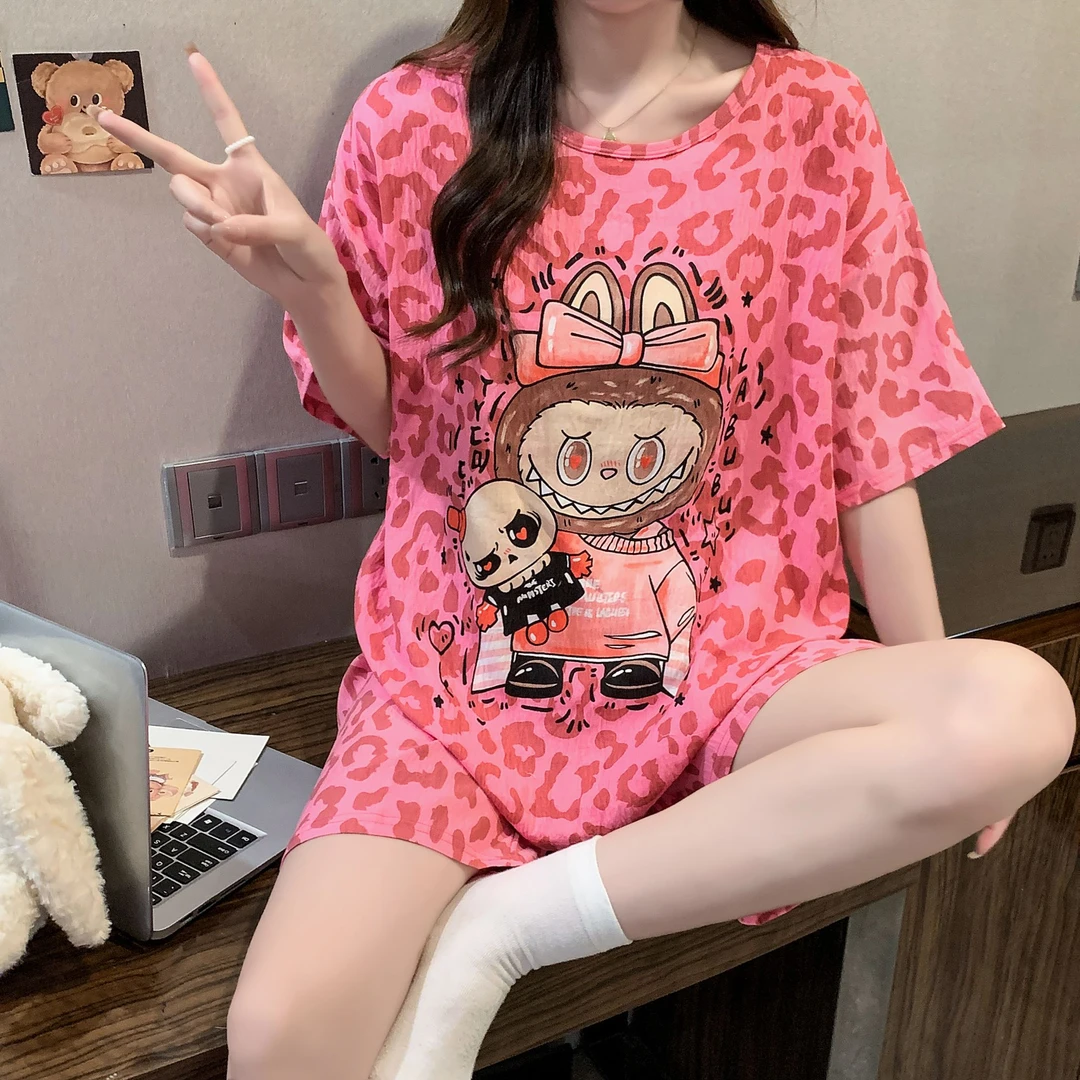 带胸垫云朵棉豹纹女孩夏季睡衣女士短袖家居服3061