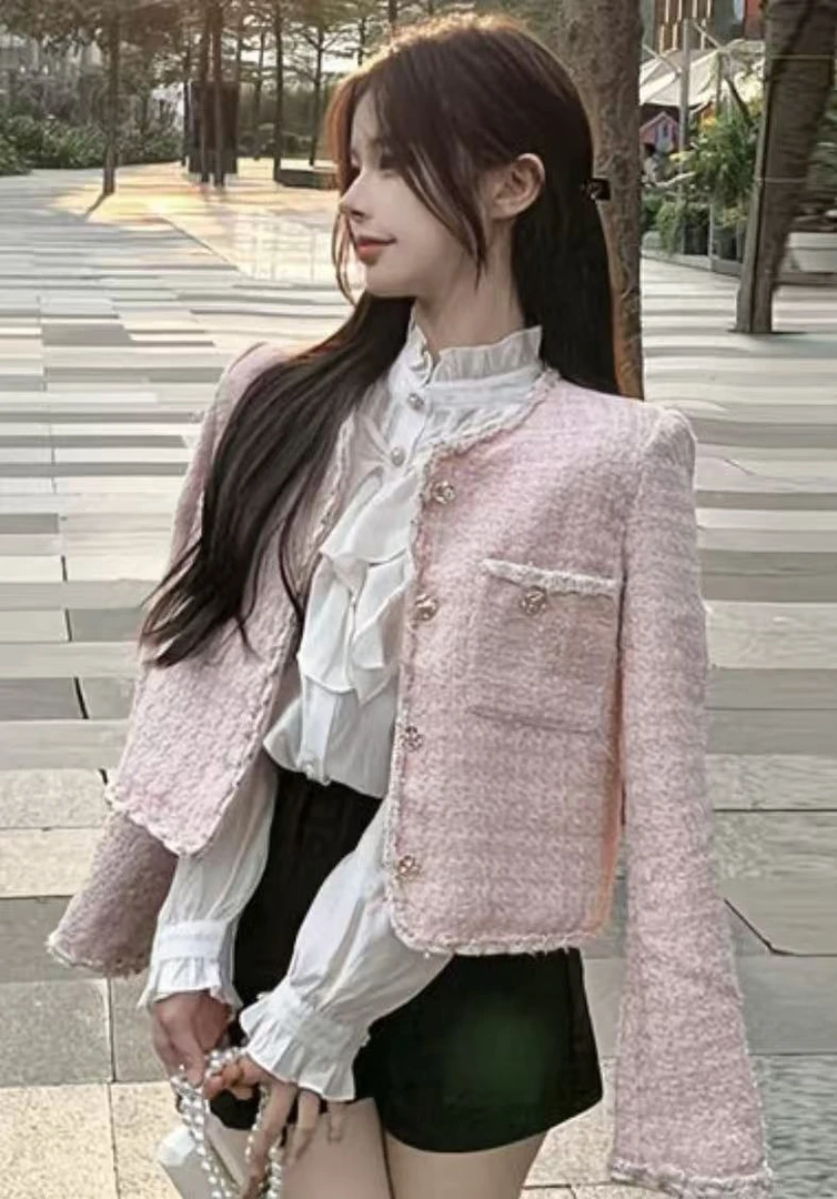 E1直播间展示为准 小香风纽扣女修身型法式短外套呢上衣时尚长袖