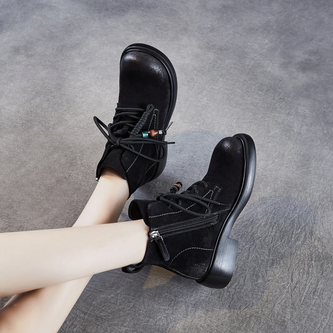 翻毛皮短靴女2025秋季新款单靴圆头中跟厚底系带马丁靴轻奢鞋子