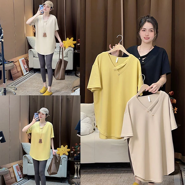 懒懒来了！新款重工设计V领宽松百搭大码T恤上衣中长款镂空短袖