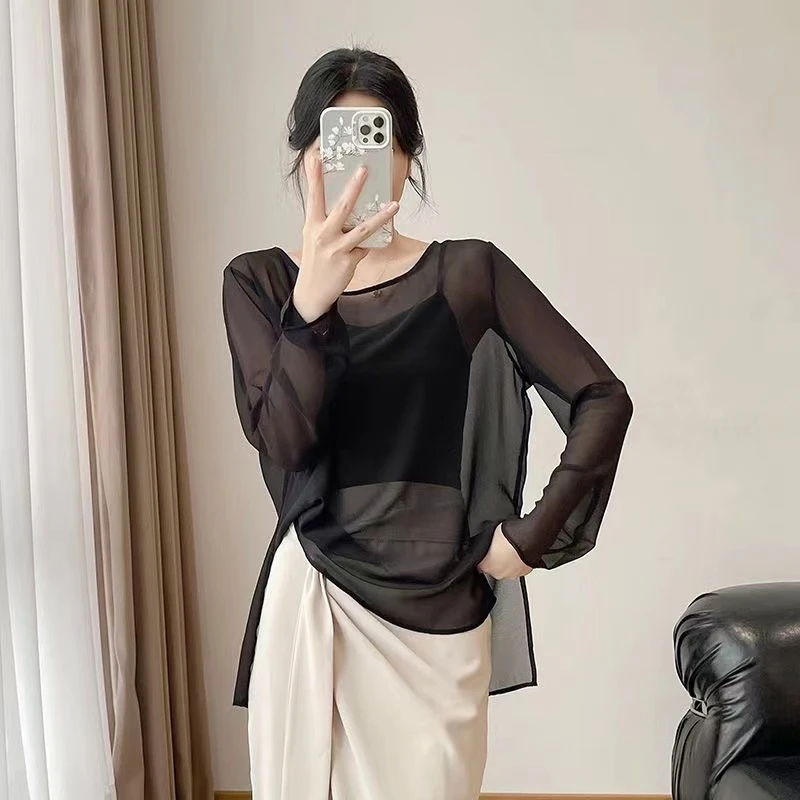 2025新款夏季上衣搭配半裙薄款罩衫长袖遮肚子