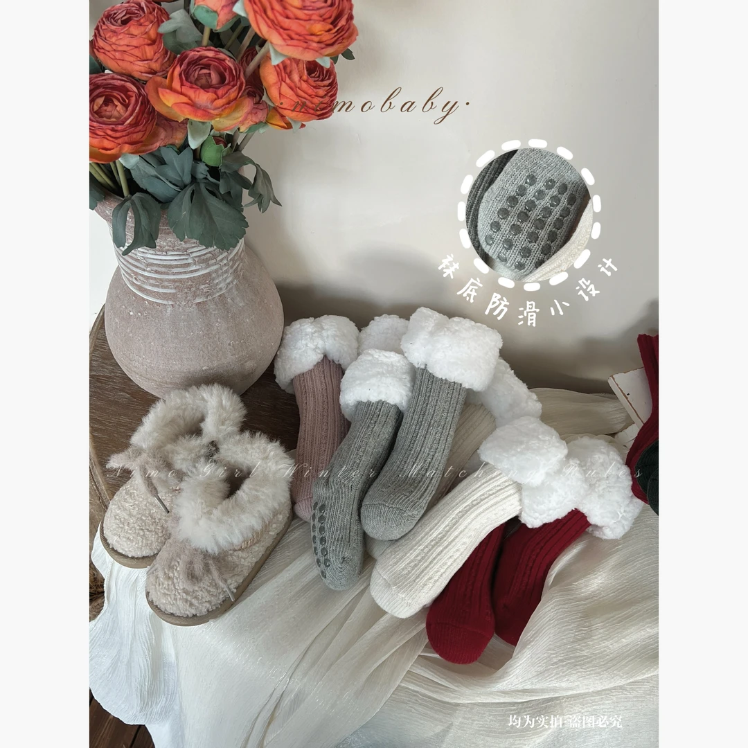 NIMO【小麻花-加绒】韩版冬款女宝宝纯色洋气装饰透气防滑加绒袜子
