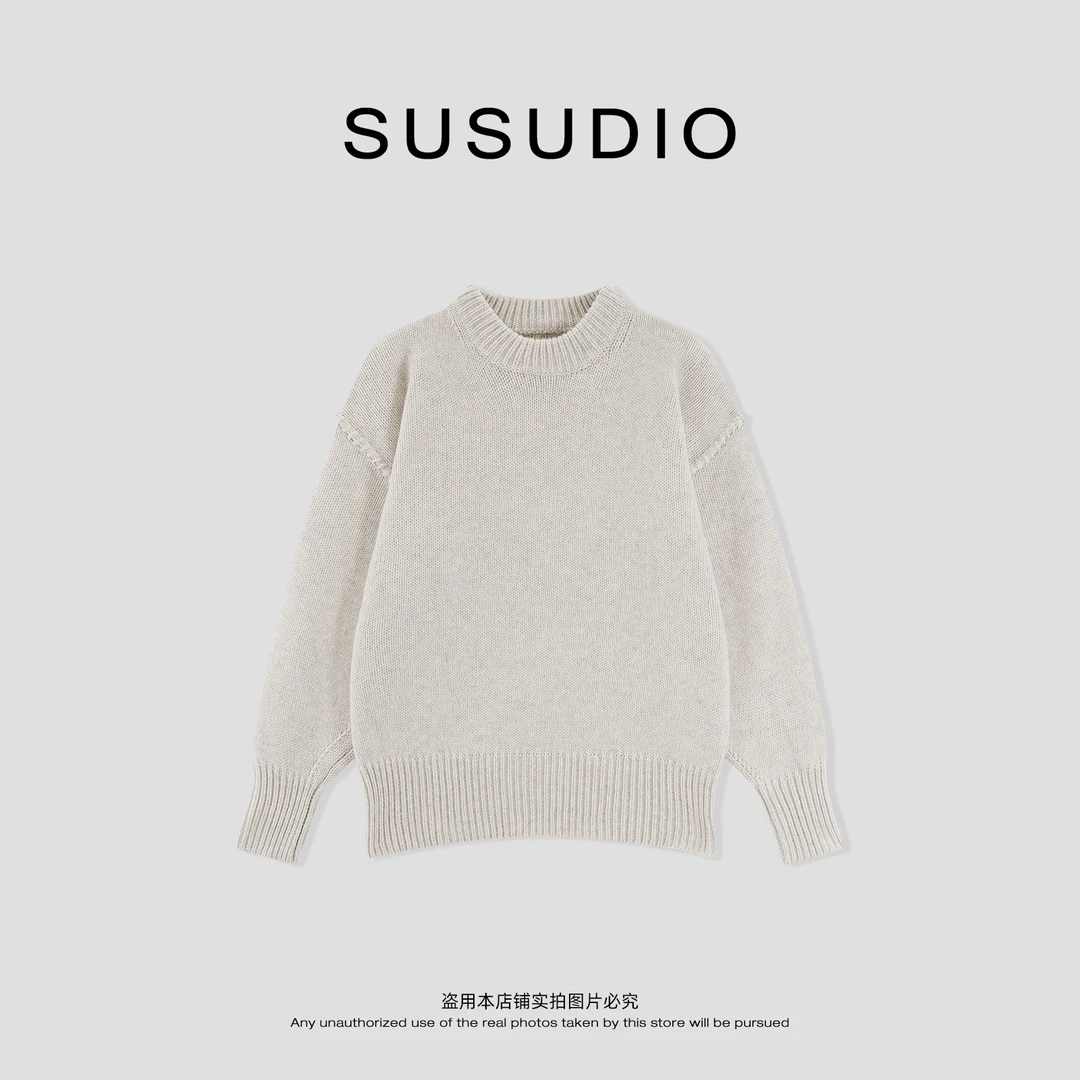 SUSUDIO 50羊毛 秋季纯色高级感圆领套头宽松毛衣 50201