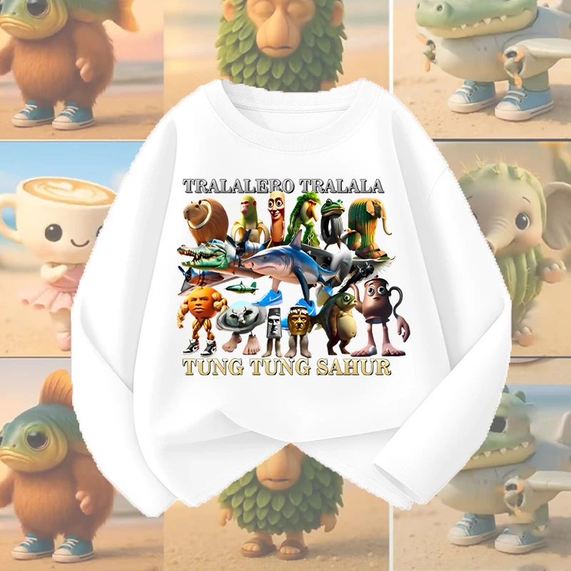 纯棉长袖tungtungsahur通通哥木棍人抽象国外山海经T恤儿童装