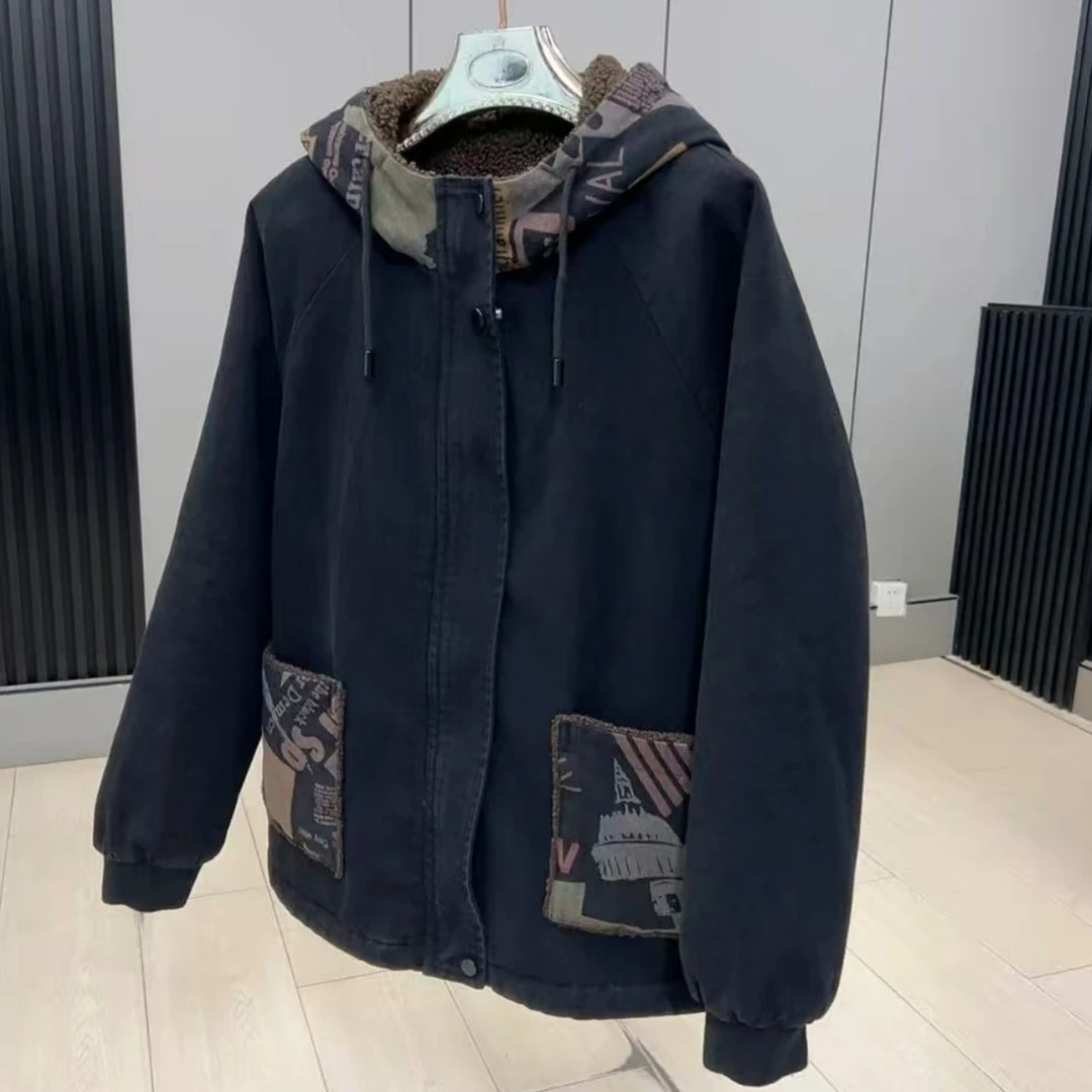 26215时尚大码水洗牛仔连帽棉服宽松百搭过冬款棉服