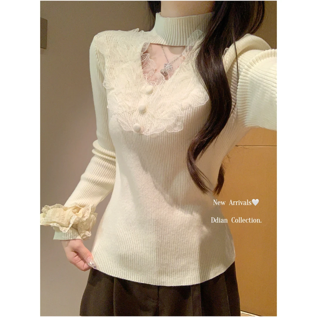 法式复古拼接荷叶花边针织打底衫秋冬内搭半高领镂空淡黄色毛衣女