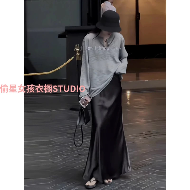 法式黑色半身裙女夏季高级感醋酸缎面半裙高腰修身包臂A字鱼尾裙