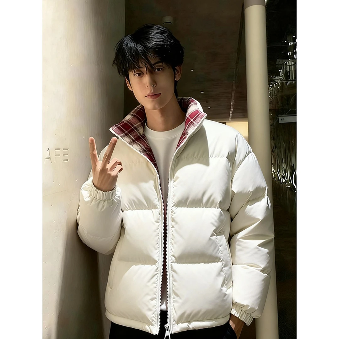 米白色九江羽绒棉服男款冬季格子拼接立领棉衣外套美式复古面包服
