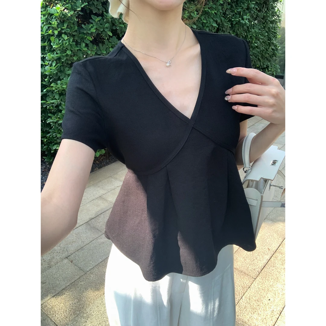 欧阳喜【清清】【】【黑巧泡芙】小众设计气质V领衬衫纯色宽