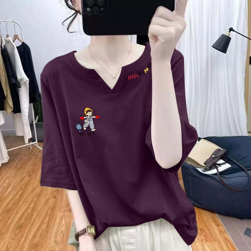 纯棉正肩设计感短袖t恤女2025新款夏季宽松百搭V领洋气半袖上衣bf