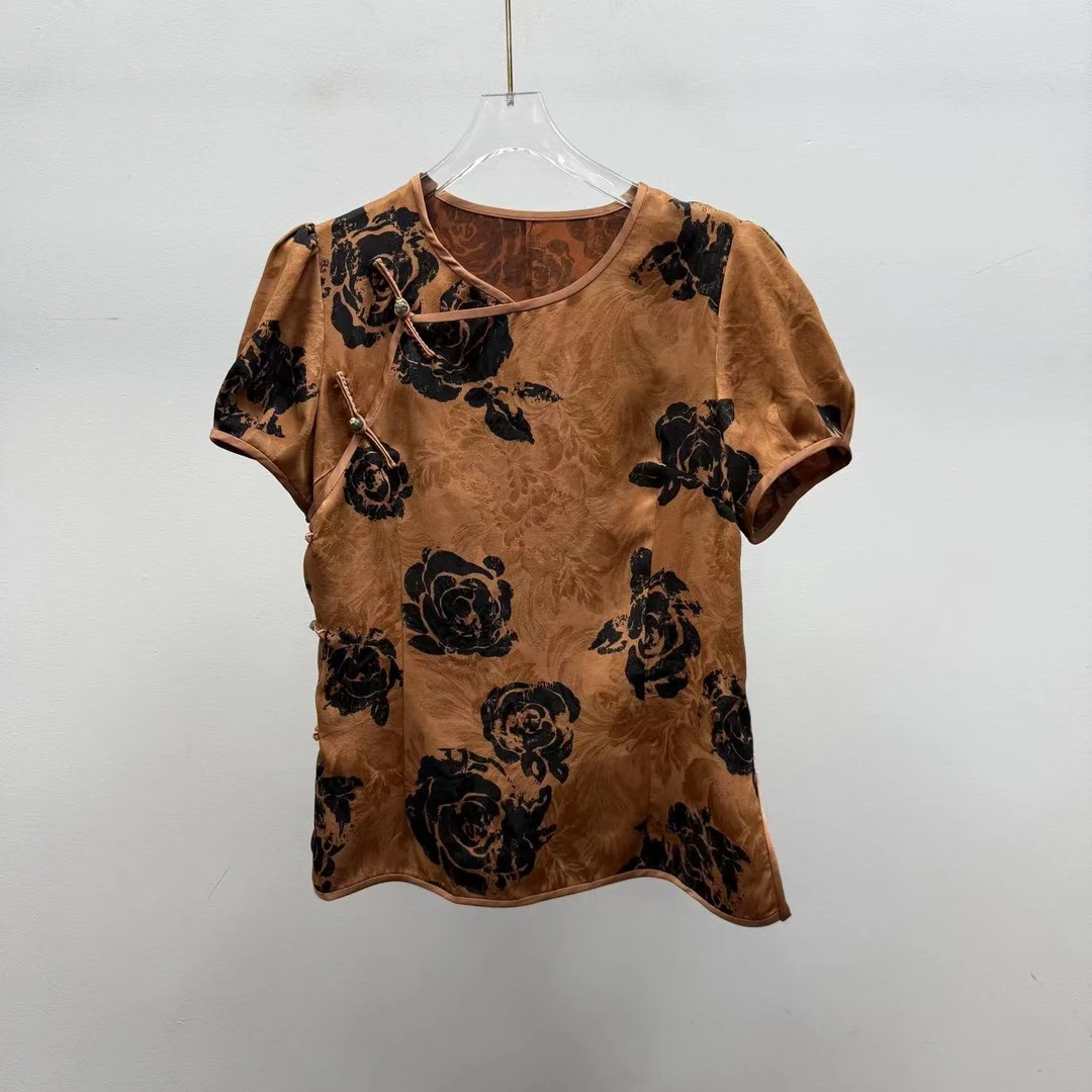 2025夏款中式国风斜门襟盘扣真丝香云纱提花短袖上衣