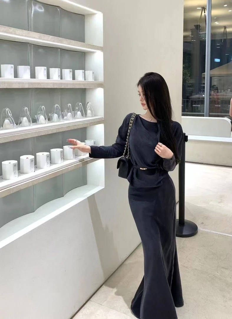 砂洗铜氨丝一字肩慵懒蝙蝠袖时尚上衣单件