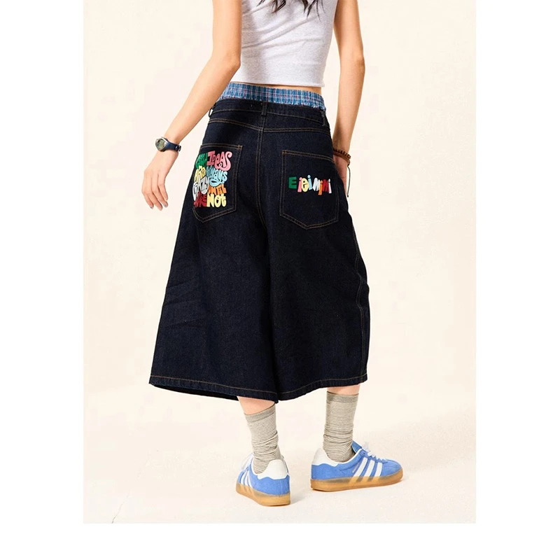 2025新款美式复古夏季趣味印花七分牛仔裤女新款宽松直筒显瘦裤子