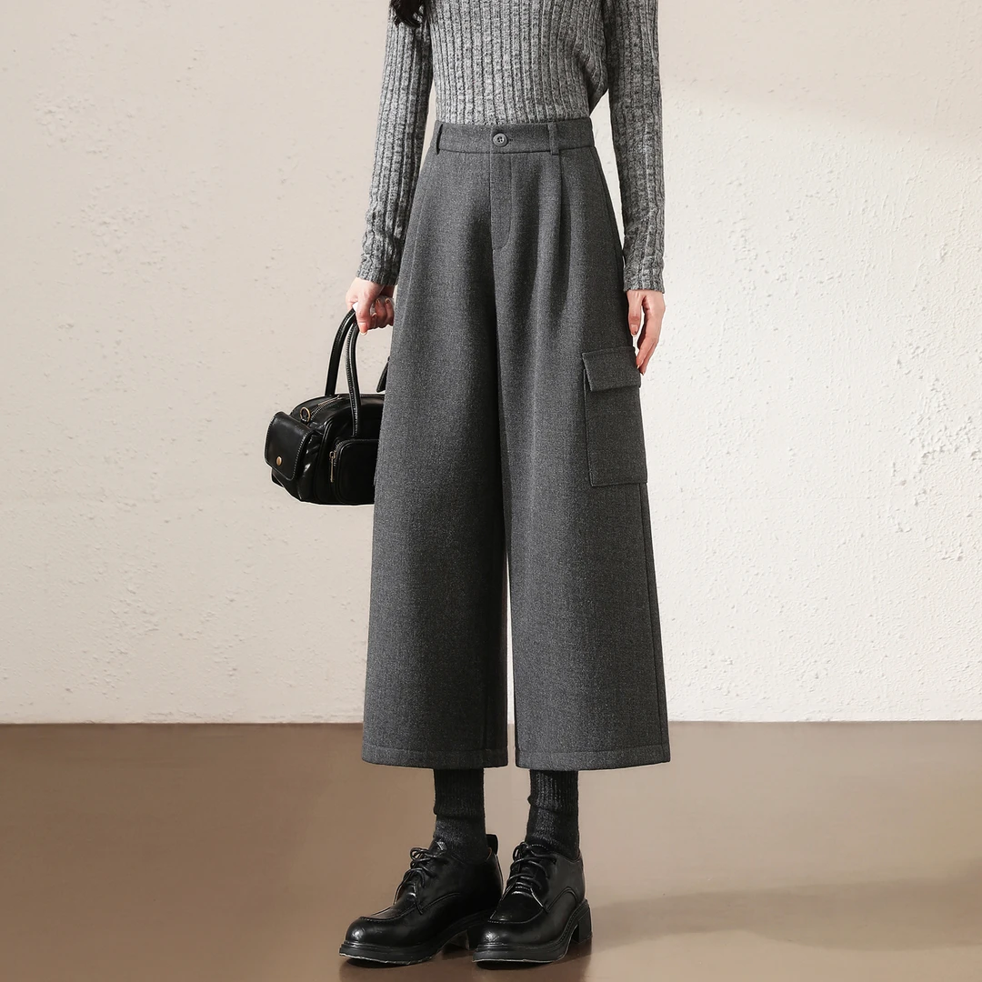 毛呢工装阔腿裤女八分加绒秋冬新款高腰口袋显瘦宽松小个子直筒裤