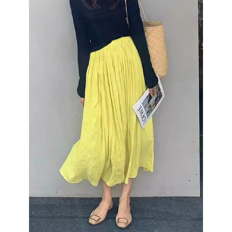 巨推荐，上身绝美！法式时尚垂坠感松紧褶皱黄色a字中长款半身裙女