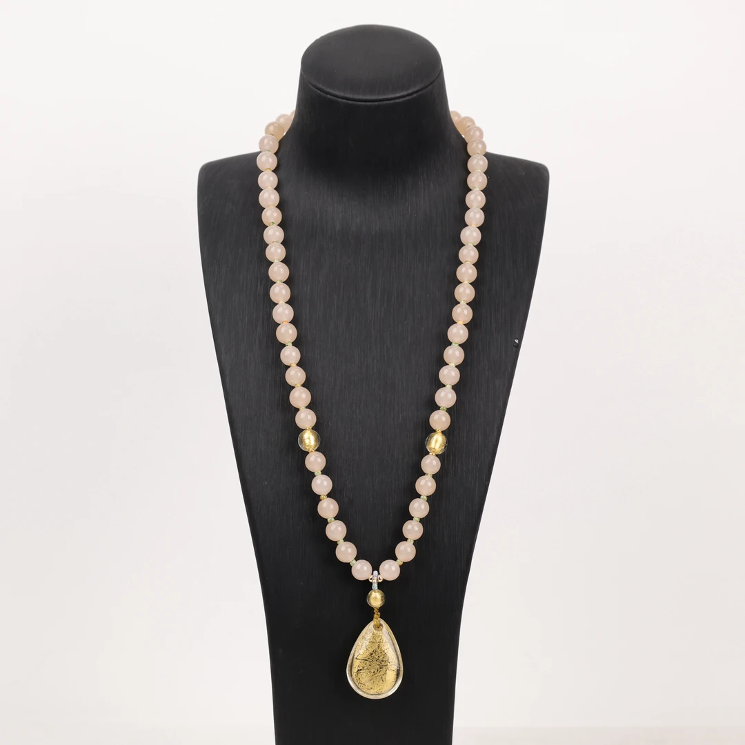 合金项链 LZ2265 粉料黄色金箔金色水滴绳编琉璃项链