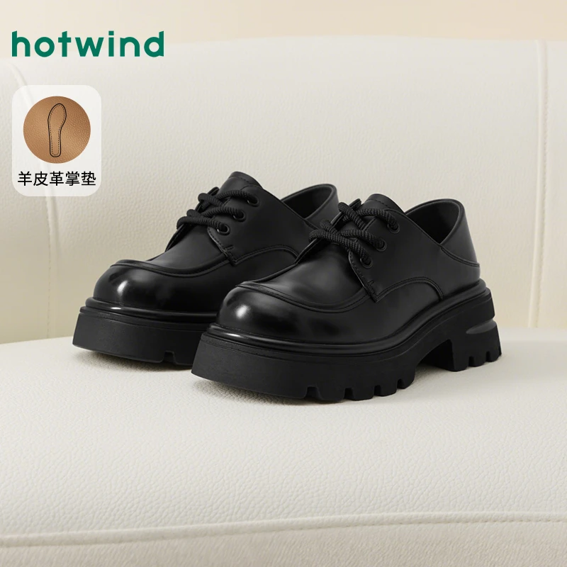 热风厚底复古鞋女2025年春季新款绑带百搭黑色小皮鞋真皮圆头鞋子
