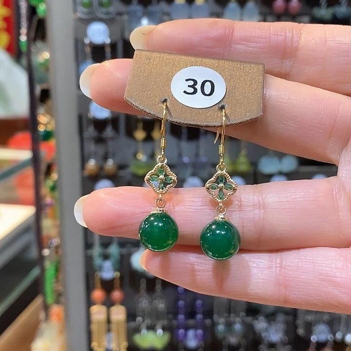 蛇纹石玉耳环银S925镶嵌