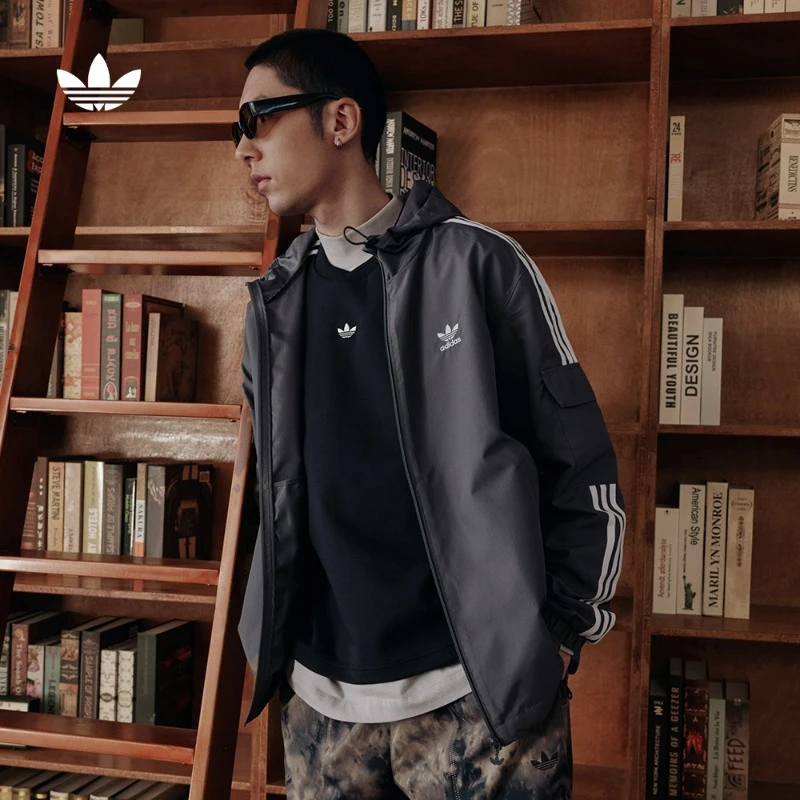 流光风 阿迪达斯三叶草 经典条纹运动外套连帽夹克男女款KB1942