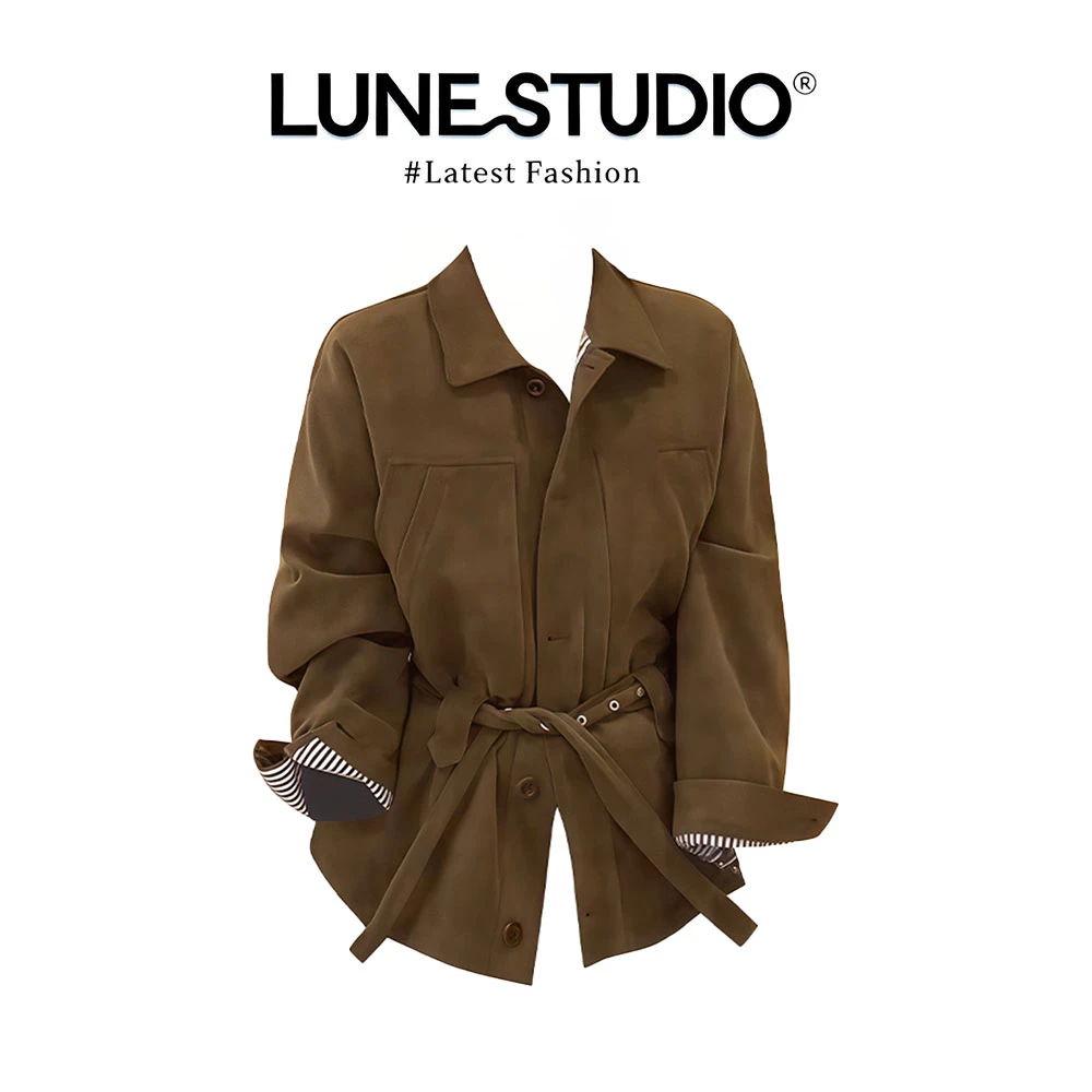 复古翻领单排扣腰带收腰外套女秋季质感绒皮显瘦开衫上衣