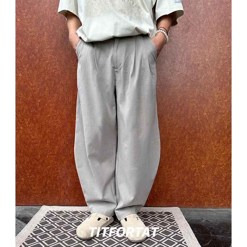 TITFORTAT25春秋新款男阔腿裤垂感直筒羊毛弯刀西裤复古宽松