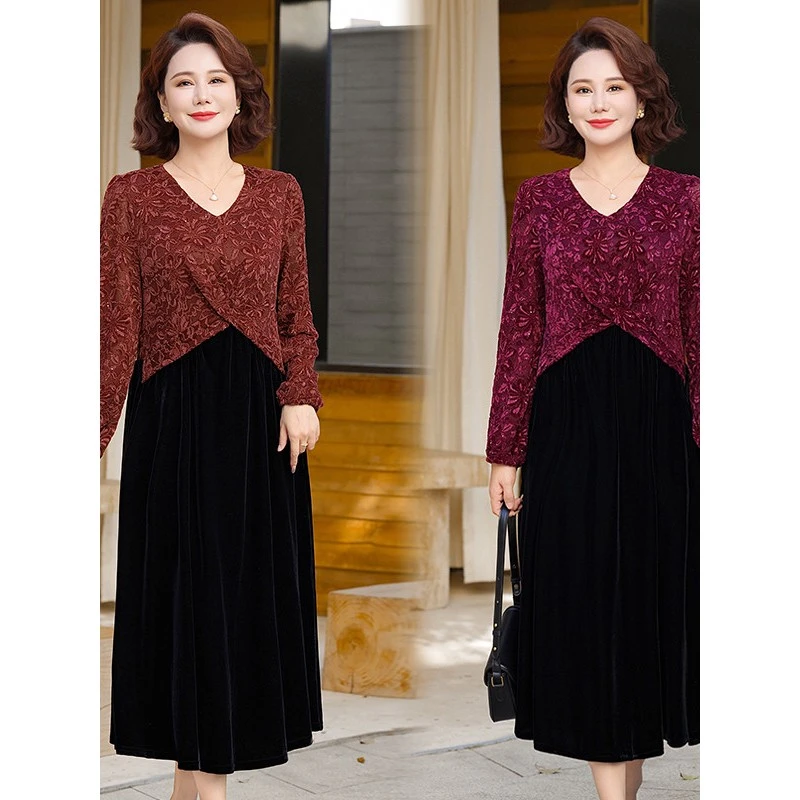 妈妈秋装连衣裙气质贵夫人2025新款中老年人春秋金丝绒打底裙子女